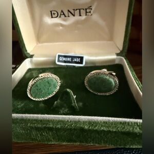 Vintage Dante Genuine Jade Cufflinks Gold Tone Oval Jade Mens Jewelry w Box